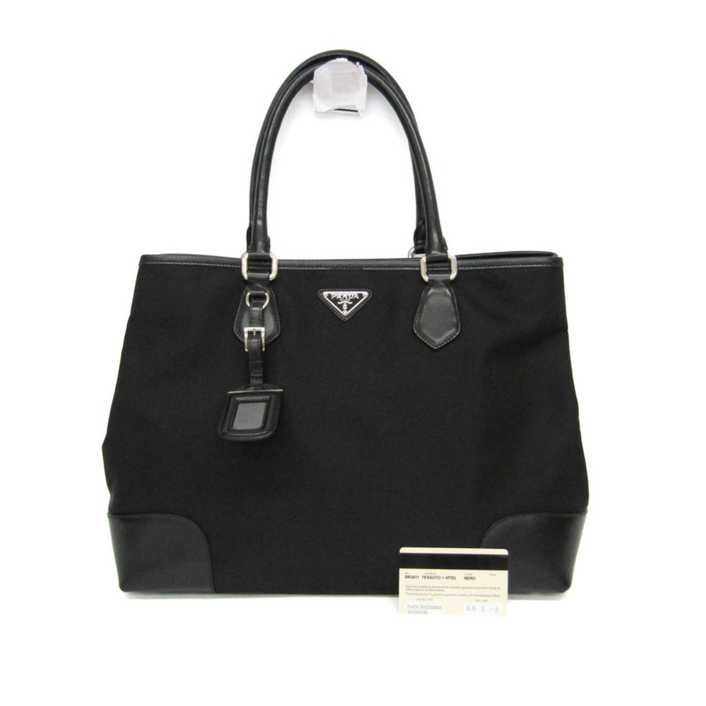 Prada Tessuto + Vitel BR3411 Women's Nylon,Leather Tote Bag Black - Picture 2 of 16